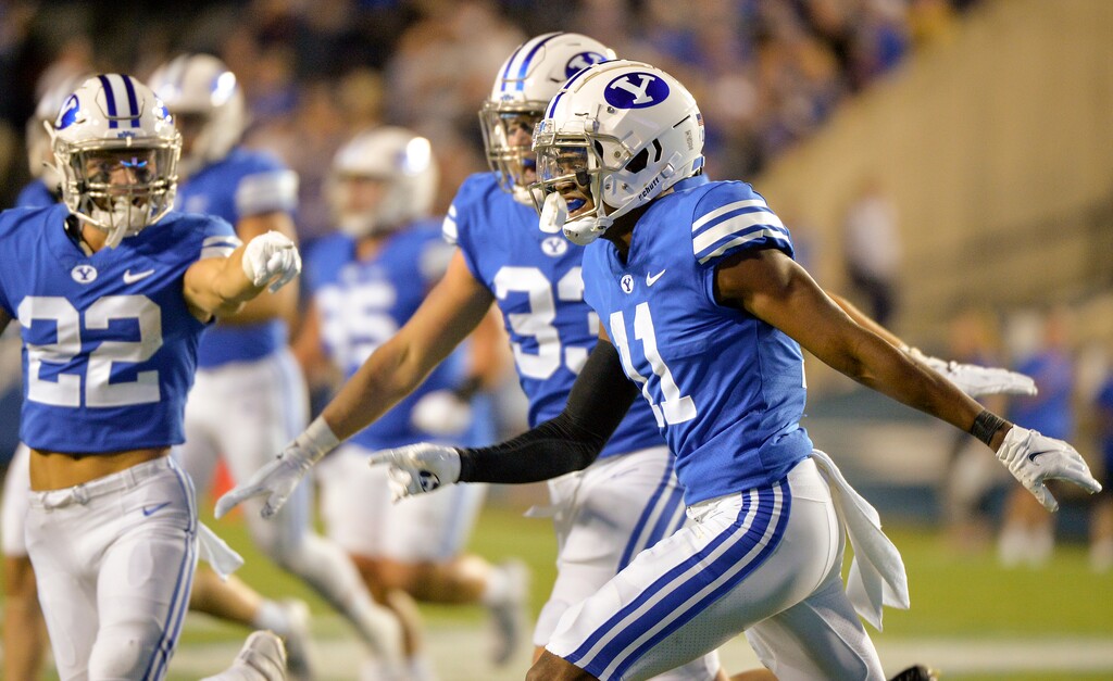 (Chris Samuels | The Salt Lake Tribune) Brigham Young Cougars defensive back Isaiah Herron (11) celebrates a turnover in the first half as the Cougars play the Utah Utes in football, Saturday, Sept. 11, 2021 in Provo.