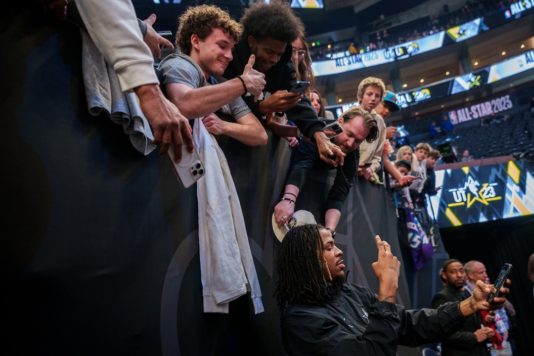 (Trent Nelson  |  The Salt Lake Tribune) Ja Morant takes a selfie for fans at the NBA All-Star Game in Salt Lake City on Sunday, Feb. 19, 2023.