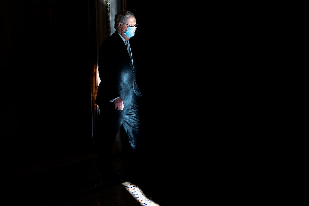 (Erin Schaff | The New York Times)
Senate Majority Leader Mitch McConnell (R-Ky.) leaves the Senate floor after a vote, on Capitol Hill in Washington, Nov. 18, 2020. "Nobody has ever accused McConnell of being stupid. He knows quite well just how disastrous failing to raise the debt limit could be," writes New York Times columnist Paul Krugman. "But the disaster would occur on Biden’s watch. And from his point of view, that’s all good."