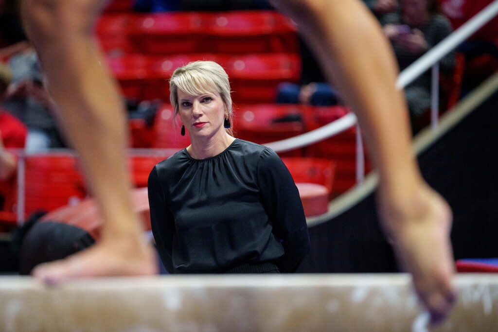 (Trent Nelson  |  The Salt Lake Tribune) Utah coach Carly Dockendorf at Utah Gymnastics' Red Rocks Preview, NCAA gymnastics in Salt Lake City on Friday, Dec. 13, 2024.