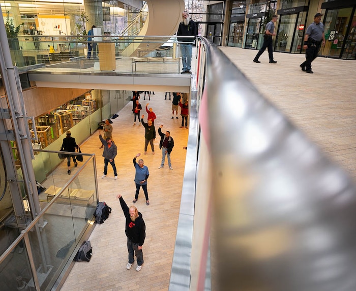 (Trent Nelson | The Salt Lake Tribune)  
A group of homeless people practice tai chi at the Main Library in Salt Lake City on Wednesday April 3, 2019.