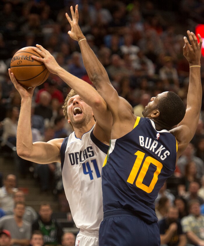(Rick Egan  |  The Salt Lake Tribune) Utah Jazz guard Alec Burks (10) is called for a foul, as he keeps Dallas Mavericks forward Dirk Nowitzki (41) from scoring, in NBA action Utah Jazz vs. Dallas Mavericks, in Salt Lake City, Monday, October 30, 2017.