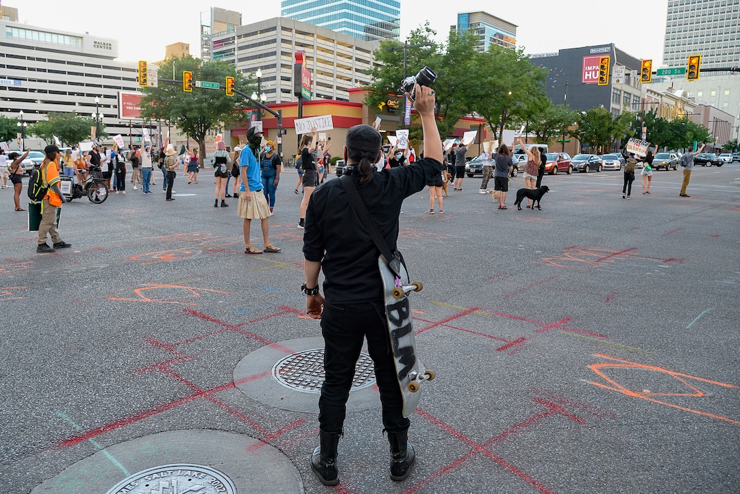 (Francisco Kjolseth  |  The Salt Lake Tribune) Protesters march the streets of downtown Salt Lake City to rally against police brutality on Friday, June 26, 2020.