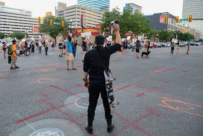 (Francisco Kjolseth  |  The Salt Lake Tribune) Protesters march the streets of downtown Salt Lake City to rally against police brutality on Friday, June 26, 2020.