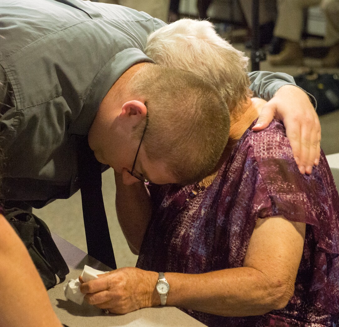 (Rick Egan  |  The Salt Lake Tribune)  John Grant, left, hugs his grandmother, Juanita Dikes, at a press conference about the beating death of Valerie's daughter, Valerie Sue Brantzeg, at the Salt Lake County Sheriff's office, Friday, Sept. 7, 2018. Formal charges have been filed against Walter Eugene Brantzeg, Valerie's estranged husband, in her death.
