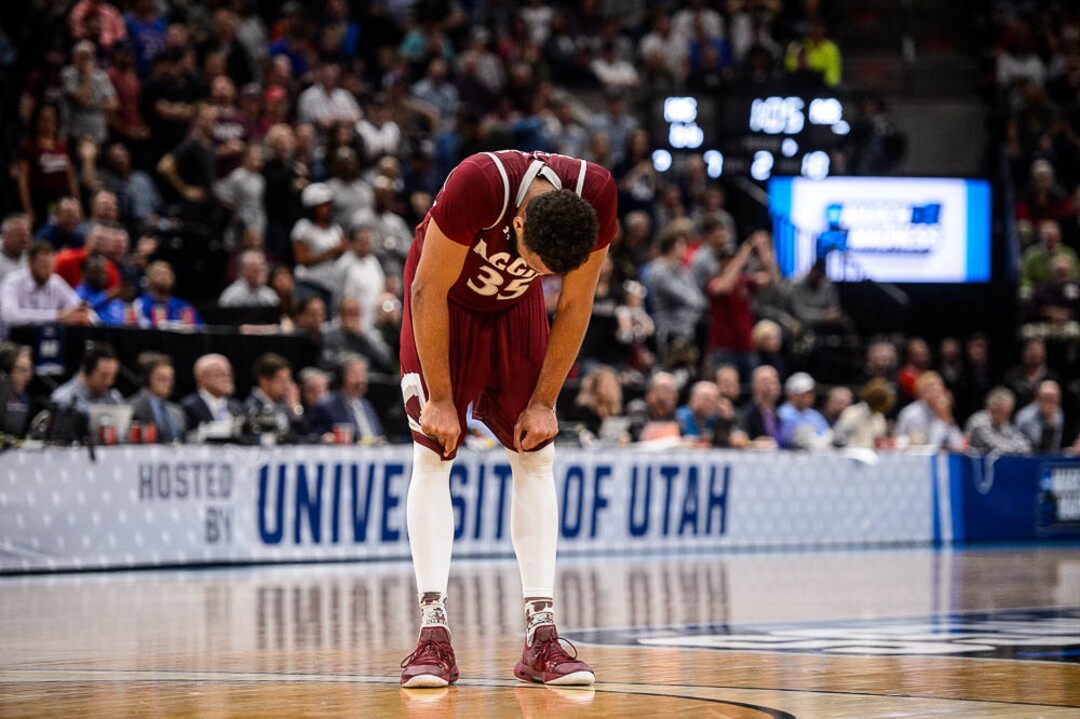 (Trent Nelson | The Salt Lake Tribune)  New Mexico State Aggies forward Johnny McCants (35) as Auburn faces New Mexico State in the 2019 NCAA Tournament in Salt Lake City on Thursday March 21, 2019.