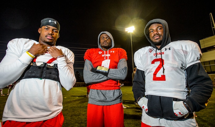 (Steve Griffin  |  The Salt Lake Tribune)   Teammates in high school in South Florida, Demari Simpkins, Tyler Huntley and Zack Moss decided to come to Utah together and have found their way onto the University of Utah starting lineup. They were photographed following football practice on the University of Utah campus in Salt Lake City Tuesday November 14, 2017.