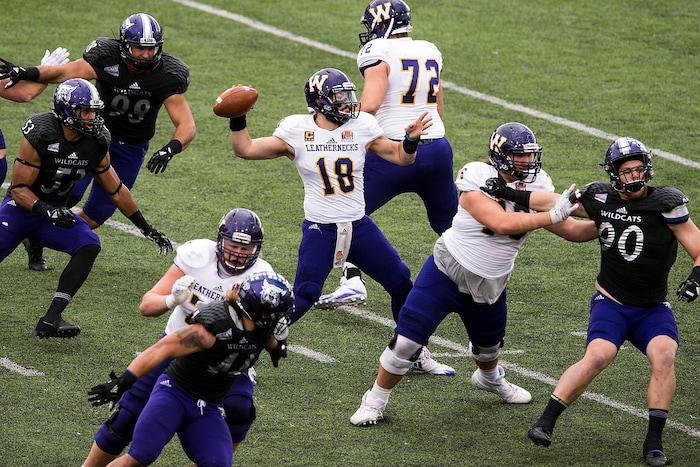 (Chris Detrick  |  The Salt Lake Tribune)  Western Illinois Leathernecks quarterback Sean McGuire (18) passes the ball during the game at Stewart Stadium Saturday, November 25, 2017.  
