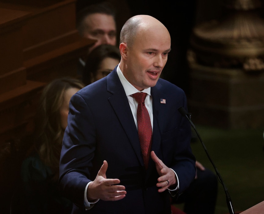 (Laura Seitz | Deseret News/POOL) Gov. Spencer Cox speaks at the Capitol in Salt Lake City on Thursday, Jan. 20, 2022.