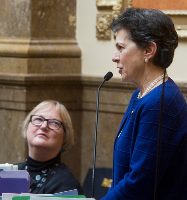 (Rick Egan  |  The Salt Lake Tribune)   Christine Durham listen as Rep. Patrice Arent  praises her as House of Representatives honored former Utah Chief Justice Christine Durham, Thursday, February 1, 2018.