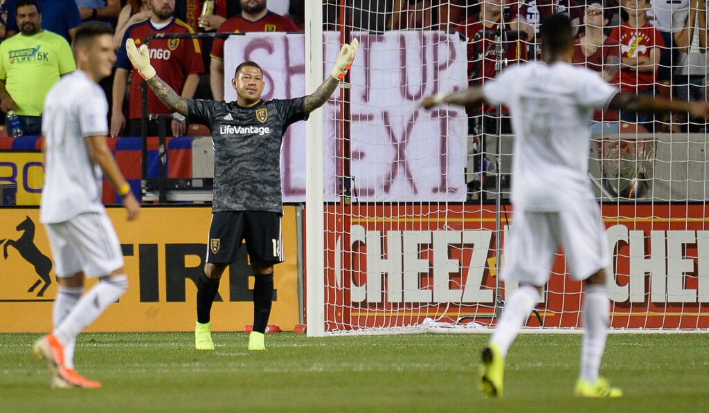 (Francisco Kjolseth | The Salt Lake Tribune) Real Salt Lake goalkeeper Nick Rimando (18) expresses his disappointment in his defense as Los Angeles FB scores their second goal as Real Salt Lake hosts Los Angeles FC at Rio Tinto Stadium in Sandy on Saturday, Aug. 17, 2019.