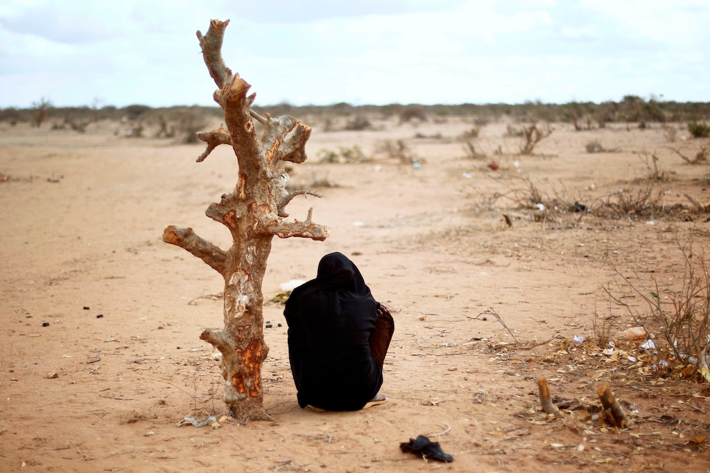 (AP file photo) A pregnant Somali woman sits by a tree trunk at UNHCR's Ifo Extension camp outside Dadaab, eastern Kenya, 60 miles from the Somali border in 2011.