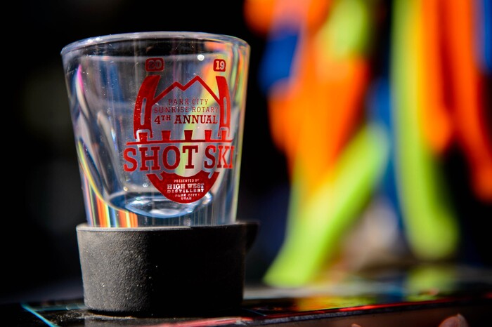 (Trent Nelson | The Salt Lake Tribune)
Participants line Park City’s Historic Main Street to throw one back at the annual Shot Ski event on Saturday Oct. 12, 2019.
