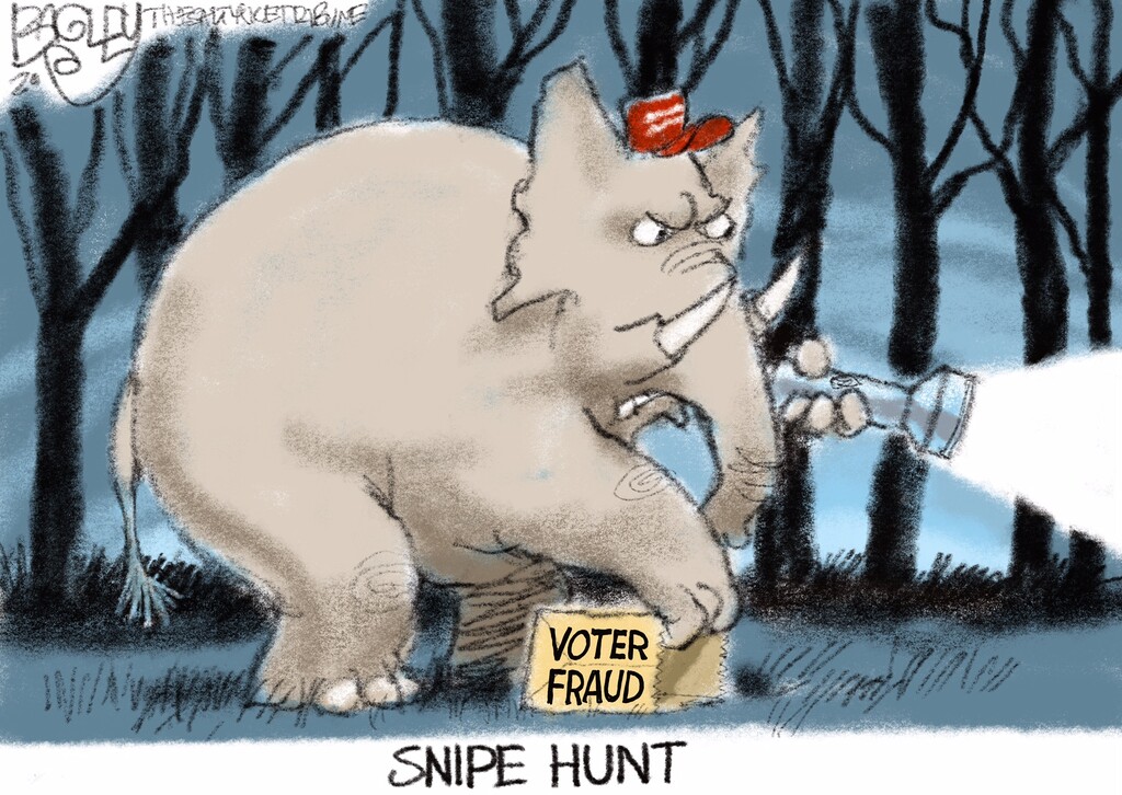 (Pat Bagley | The Salt Lake Tribune) This cartoon, titled "Snipe Hunt," appears in The Salt Lake Tribune on Sunday, Nov. 8, 2020.