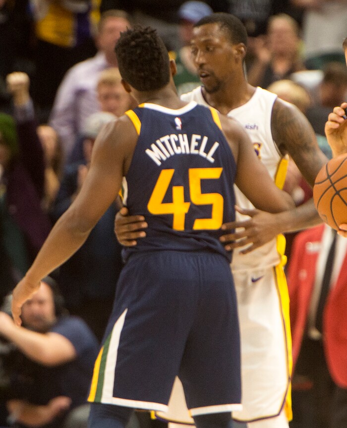 (Rick Egan  |  The Salt Lake Tribune)   Utah Jazz guard Donovan Mitchell (45) talks to  Los Angeles Lakers guard Kentavious Caldwell-Pope (1) after the Jazz defeated the Lakers 96-81, in NBA action, in Salt Lake City, Saturday, October 28, 2017.


