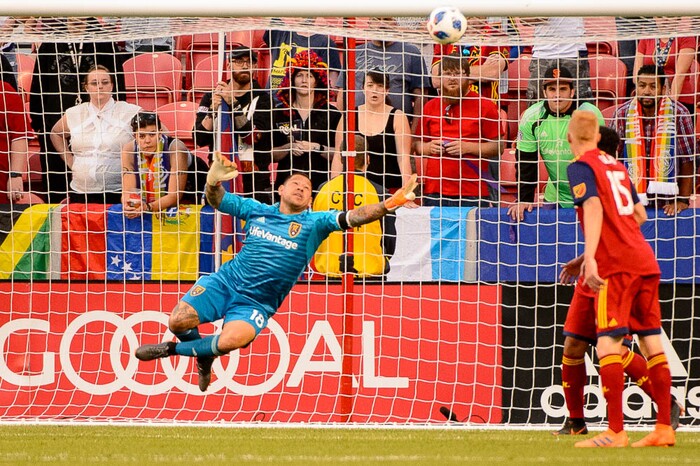 (Trent Nelson | The Salt Lake Tribune)  
Real Salt Lake goalkeeper Nick Rimando (18) makes a save as Real Salt Lake hosts Houston Dynamo, MLS Soccer at Rio Tinto Stadium in Sandy, Utah, Wednesday May 30, 2018.