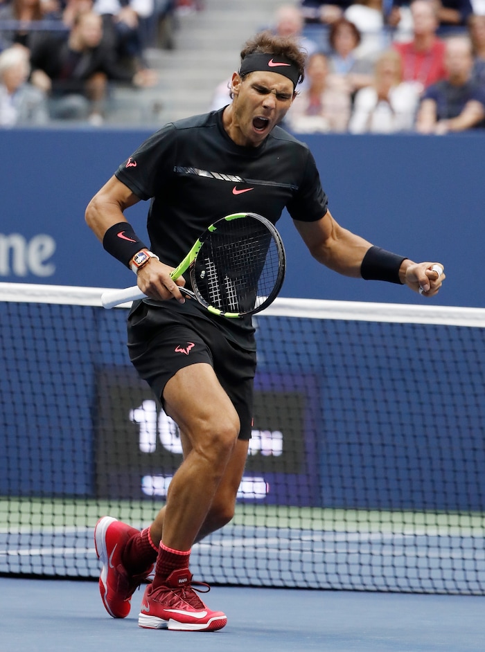 Rafael Nadal, of Spain, reacts after scoring a point against Kevin Anderson, of South Africa, during the men's singles final of the U.S. Open tennis tournament, Sunday, Sept. 10, 2017, in New York. (AP Photo/Andres Kudacki)