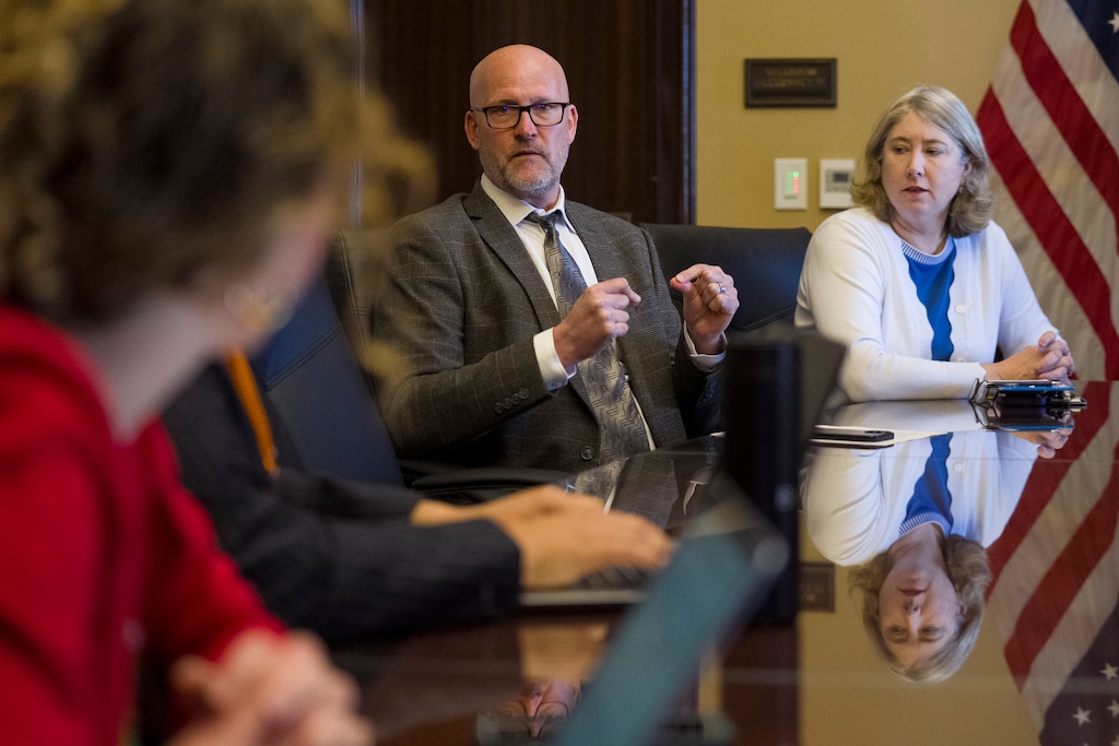 (Bethany Baker  |  The Salt Lake Tribune) Daniel Wade, Director of Elections Systems, speaks during for an interview about the implementation of SB153, a bill that modifies voter privacy laws, at the Utah Capitol on Tuesday, April 14, 2026.