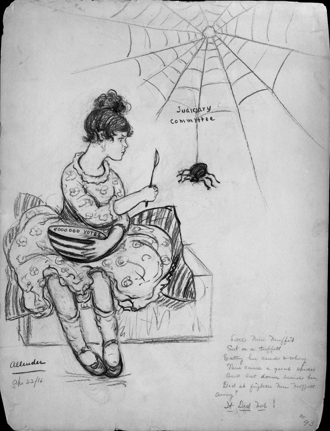 (Courtesy of National Woman's Party) Nina Allender used humor in her cartoons. In this 1916 drawing, she took a twist on the nursery rhyme "Little Miss Moffit."