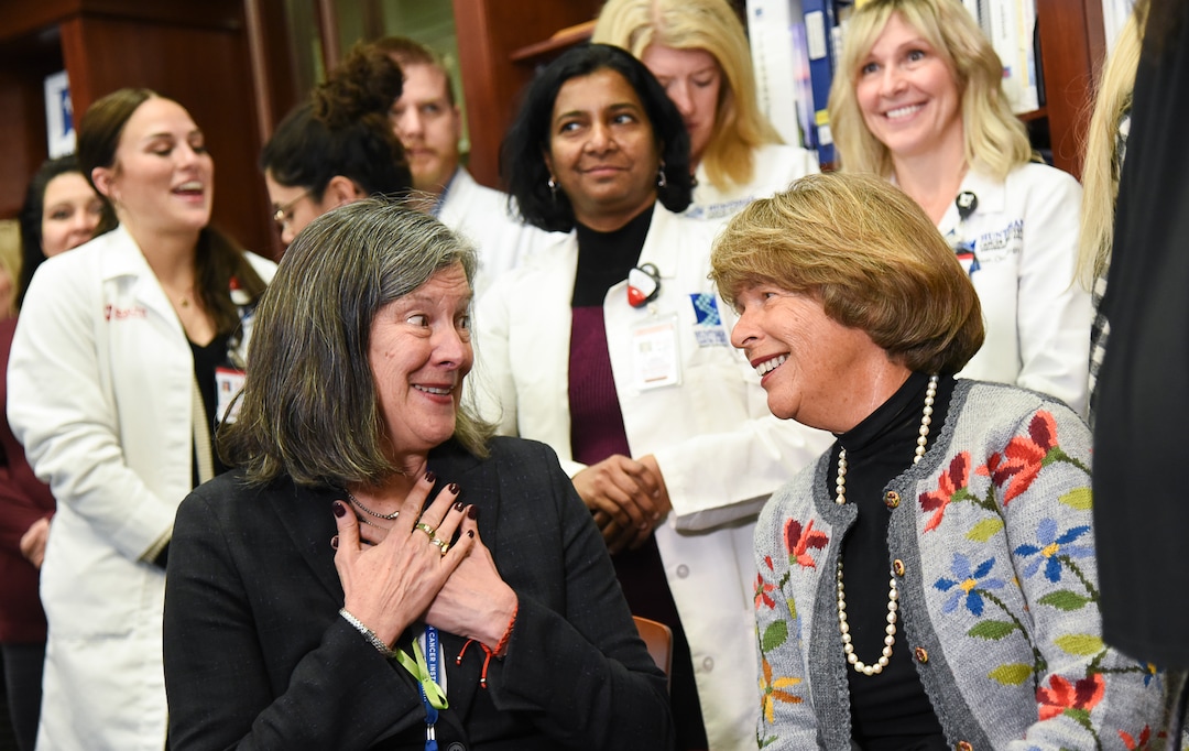 (Francisco Kjolseth  |  The Salt Lake Tribune)  Mary Beckerle, CEO of the Huntsman Cancer Institute, left, speaks with Karen Huntsman, chairwoman of the Huntsman Foundation, moments before the announcement of a $30 million gift from the Huntsman family to the institute on Friday, Jan. 11, 2019.