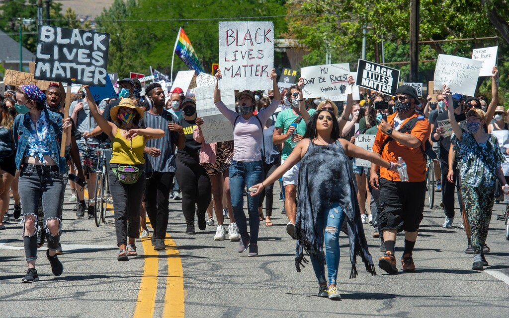 (Rick Egan  |  The Salt Lake Tribune)  Marches take to the streets of Salt Lake during the Juneteenth march in Salt Lake City on Friday, June 19, 2020.