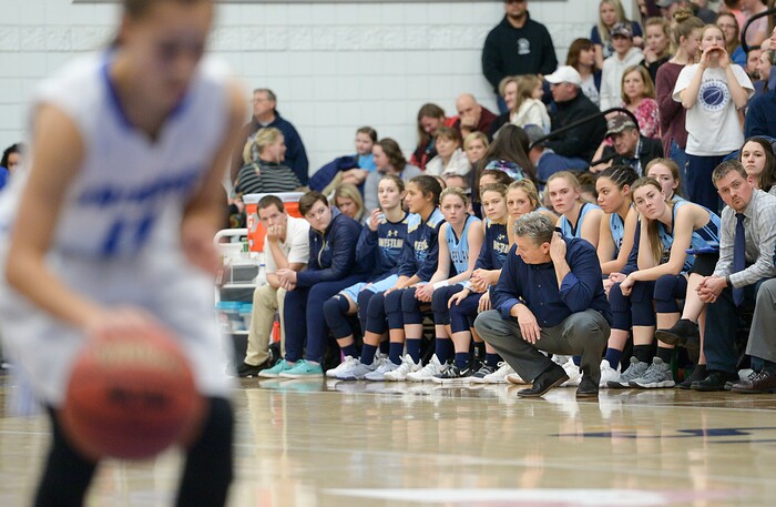 (Leah Hogsten  |  The Salt Lake Tribune) Westlake's bench reacts to Fremont's Karlie Valdez (11) hitting both her free throws in overtime.  Fremont defeated Westlake 54-50 in their semifinal game of the 6A High School Girls' Basketball Tournament at SLCC in Taylorsville, Friday, Feb. 23, 2018. 