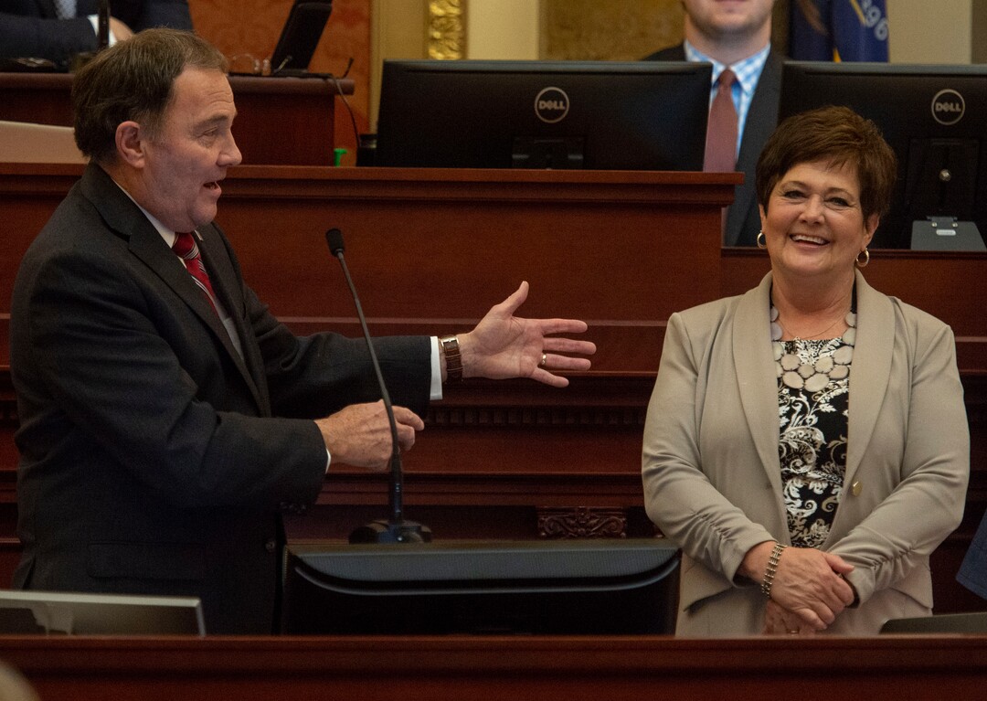 (Rick Egan  |  The Salt Lake Tribune)  Gov. Gary Herbert leads lawmakers as he sings Happy Birthday to his wive Jeanette Herbert in the House of Representatives, at the end of the 2019 legislature, Thursday, March 14, 2019. 