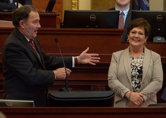 (Rick Egan  |  The Salt Lake Tribune)  Gov. Gary Herbert leads lawmakers as he sings Happy Birthday to his wive Jeanette Herbert in the House of Representatives, at the end of the 2019 legislature, Thursday, March 14, 2019. 

