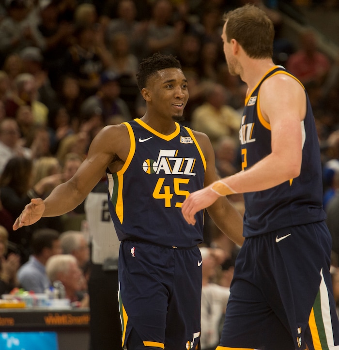 (Rick Egan  |  The Salt Lake Tribune)   Utah Jazz guard Donovan Mitchell (45) reacts after hitting a big three-pointer late in the game, in NBA action, Utah Jazz vs. Los Angeles Lakers, in Salt Lake City, Saturday, October 28, 2017.