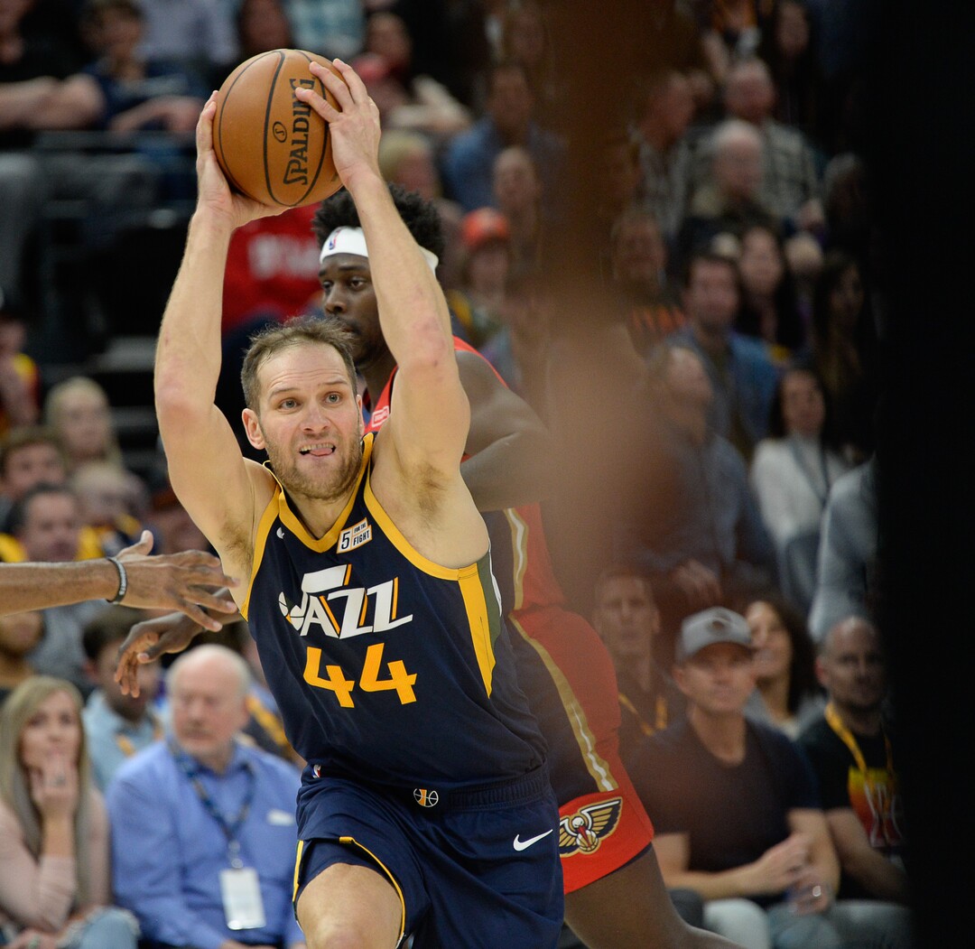 (Francisco Kjolseth  |  The Salt Lake Tribune)  Utah Jazz forward Bojan Bogdanovic (44) pushes past the defense as the Utah Jazz host the New Orleans Pelicans in their NBA basketball game at Vivint Smart Home Arena in Salt Lake City on Sat. Nov. 23, 2019.
