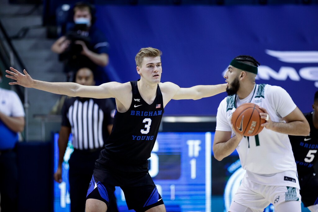 (Photo courtesy of BYU Athletics) Brigham Young's Matt Haarms (3) defends during a basketball game against Utah Valley in Provo, Saturday, Nov. 28, 2020.