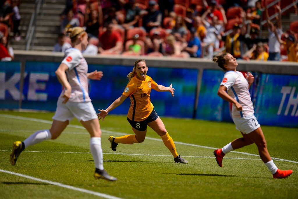 (Trent Nelson  |  The Salt Lake Tribune)  Utah Royals FC forward Amy Rodriguez (8) celebrates her first half goal as Utah Royals FC hosts the Houston Dash at Rio Tinto Stadium in Sandy on Saturday May 11, 2019.
