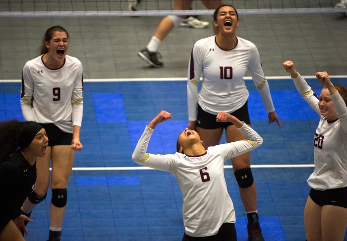 (Rick Egan  |  The Salt Lake Tribune)   Lone Peak Knights  Tasia Farmer (6),  celebrates with her team, as Lone Peak wins the second set, in 6A volleyball championship action, Pleasant Grove vs. Lone Peak, at Utah Valley University, Saturday, November 4, 2017.