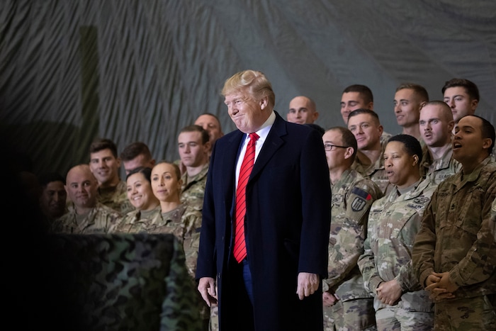 (Alex Brandon | AP) President Donald Trump smiles before addressing members of the military during a surprise Thanksgiving Day visit, Thursday, Nov. 28, 2019, at Bagram Air Field, Afghanistan.