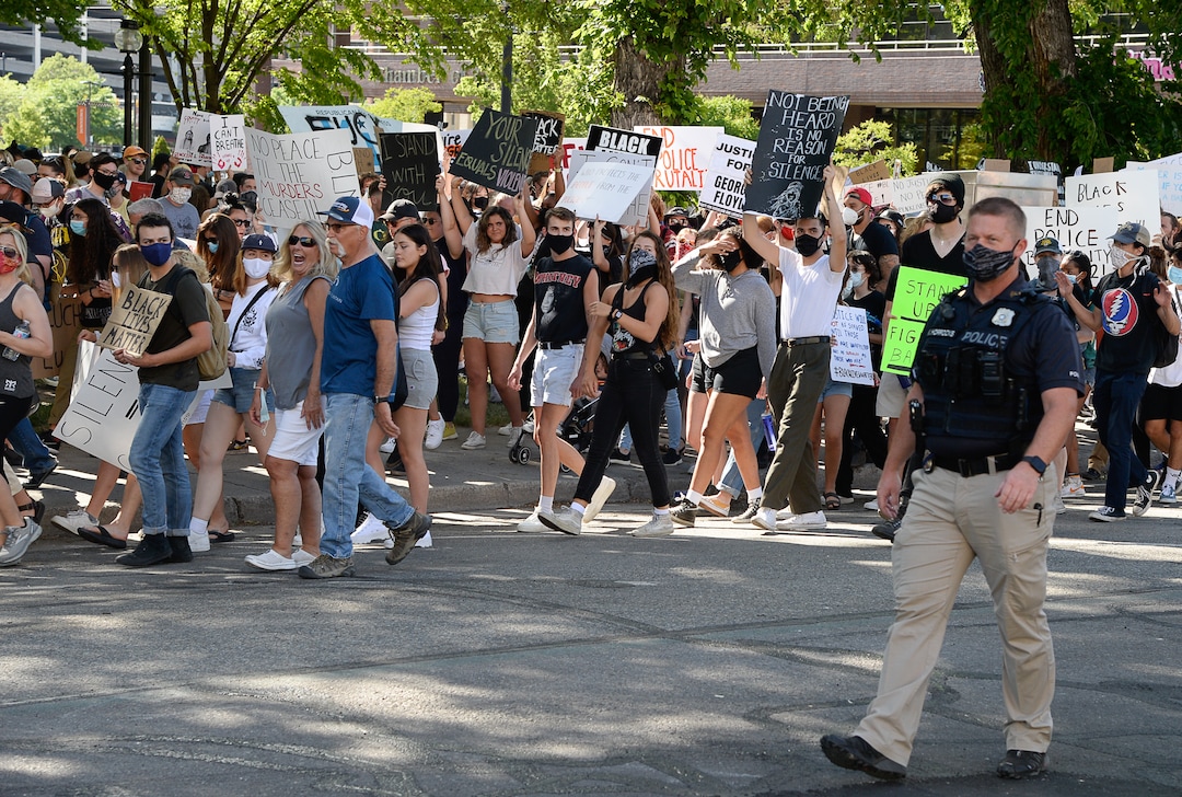 (Francisco Kjolseth  |  The Salt Lake Tribune) Demonstrators protest against police brutality on Wednesday, June 3, 2020, in downtown Salt Lake City, as the initially set 8 p.m. weeklong curfew was removed.