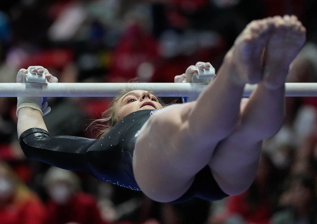 (Francisco Kjolseth | The Salt Lake Tribune) Utah’s Grace McCallum, shown during a meet against Stanford last month, scored a 10.0 on the bars Friday night at UCLA to help the Utes edge the Bruins.