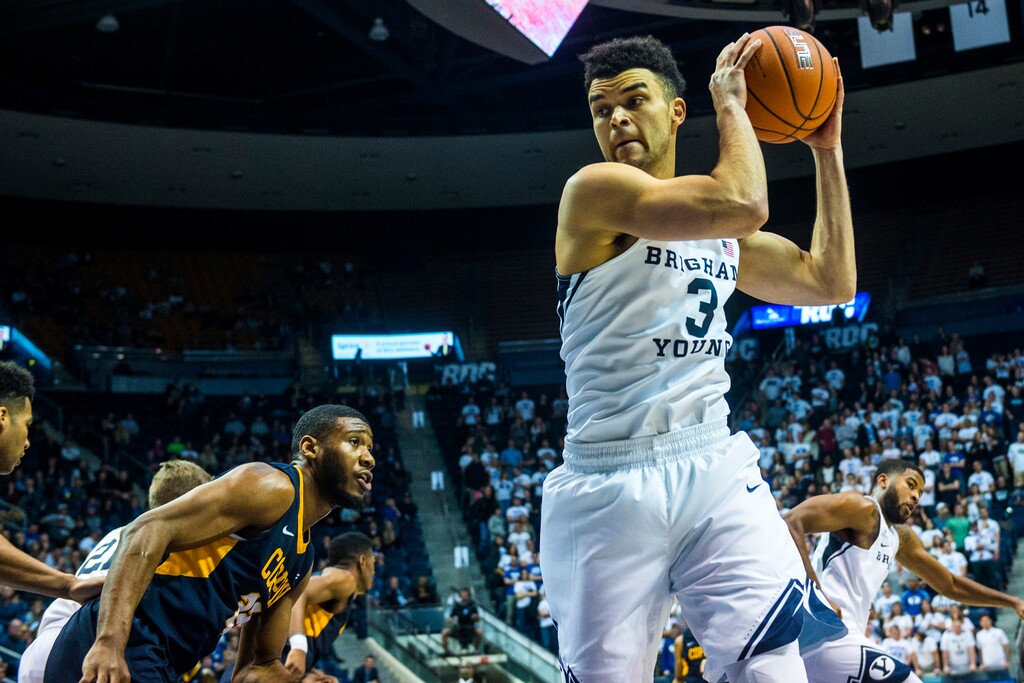 Chris Detrick  |  The Salt Lake TribuneBrigham Young Cougars guard Elijah Bryant (3) grabs a rebound during the game at the Marriott Center Thursday November 17, 2016. 