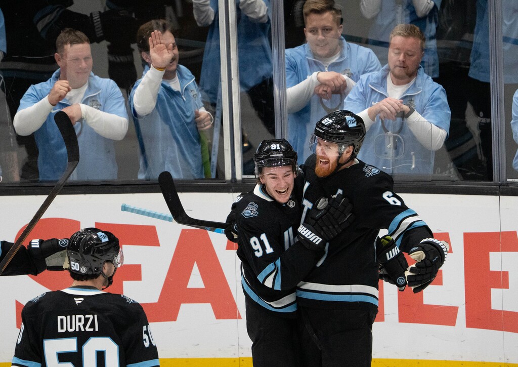 (Francisco Kjolseth | The Salt Lake Tribune) Utah Hockey Club left wing Lawson Crouse (67) is celebrated by teammates after scoring the game winning goal for a 2-1 win over Chicago during an NHL hockey game at the Delta Center in Salt Lake City on Tuesday, February. 25, 2025.