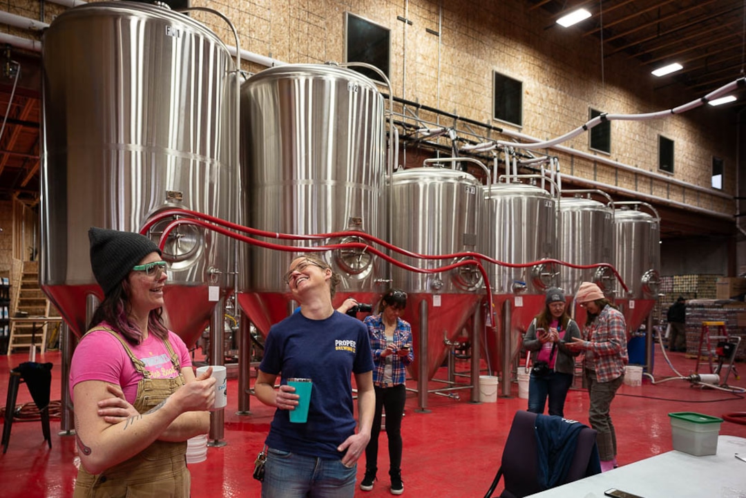 (Trent Nelson | The Salt Lake Tribune)  
Jacquie King and Eleanor Lewis. Top female brewers from across the state gathered at Roosters Brewing Co in Ogden on Friday March 8, 2019 — International Women's Day — to brew “On Wednesdays We Wear Pink Boots" Cold IPA.