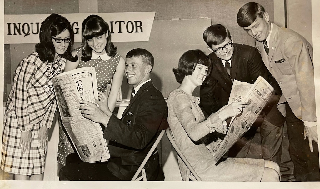 (Photo courtesy of Robin Reardon Roberson)  Grand County High School students do some last-minute cramming prior to appearing on The Salt Lake Tribune's "Inquiring Editor" program on KUTV-2 in April 1966. From left are Linda Lema, Cindy Wilson, Joe Warren, Robin Reardon, Dennis Neely and Jeff Taylor.