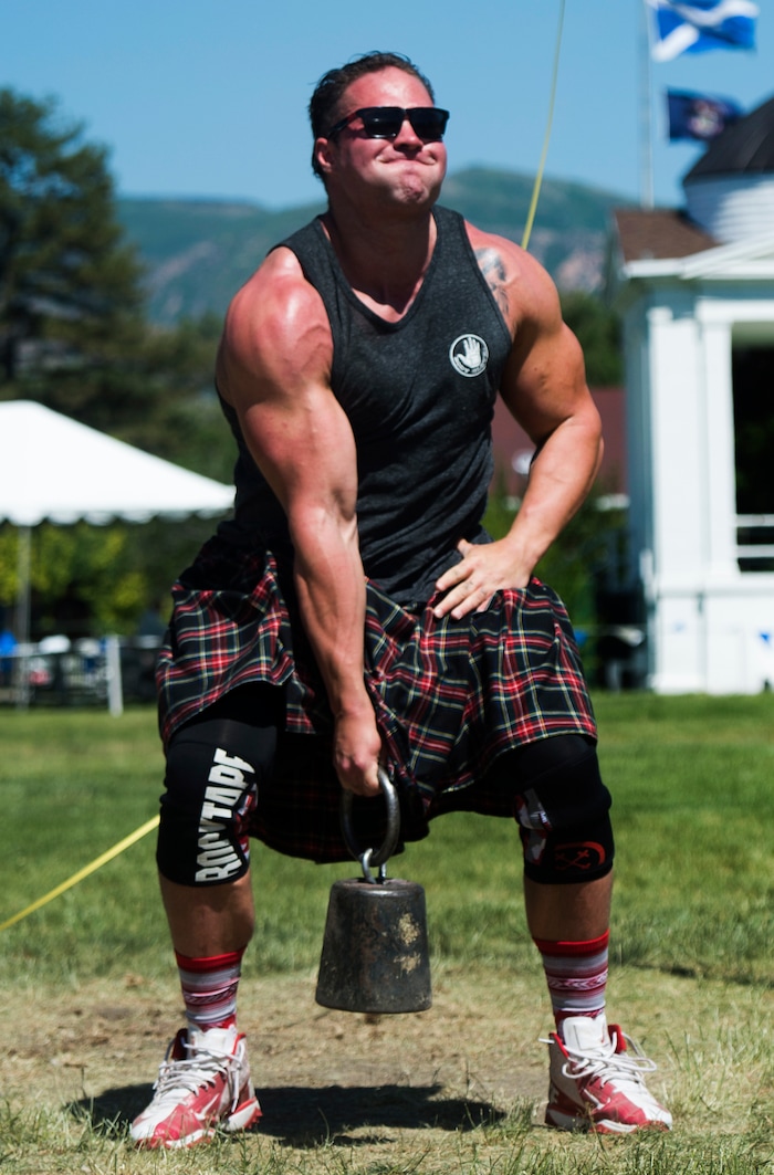 (Rick Egan  |  The Salt Lake Tribune)      Jason Knighton of West Jordon,  competes in the "Weight Over Bar" competition at the 44th annual Utah Scottish Festival and Highland Games at the Utah State Fairgrounds, Sunday, June 10, 2018.