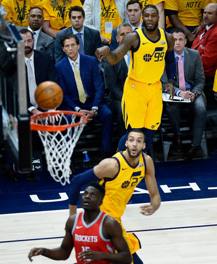 (Scott Sommerdorf | The Salt Lake Tribune)
Utah Jazz head coach Quin Snyder watches as Utah Jazz forward Jae Crowder (99) also watches the fate of his jumper during first half play. The Rockets led the Jazz 58-48 at the half, Sunday, May 6, 2018.