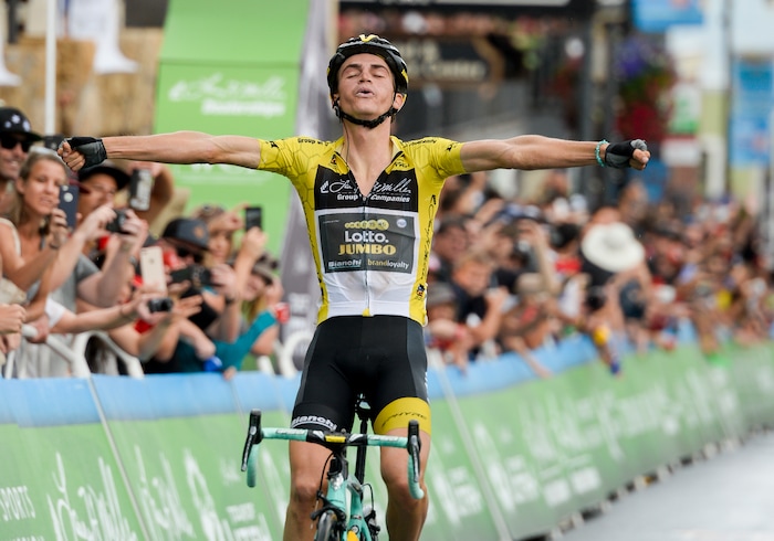 Leah Hogsten | The Salt Lake Tribune Tour of Utah overall winner Sepp Kuss with Team Lotto NL-Jumbo celebrates crossing the Stage 6 finish line in Park City, Sunday, August 12, 2018.
.