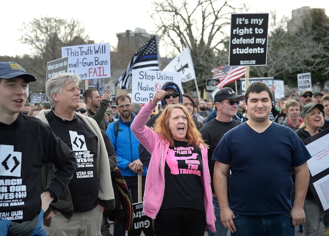 (Scott Sommerdorf | The Salt Lake Tribune) The pro gun "March Before Our lives" marchers rally at West High School, Saturday, March 24, 2018.
