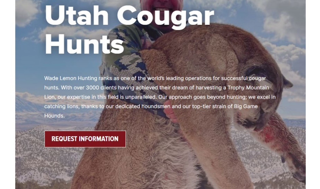 (U.S. District Court screen grab) This undated image of an unidentified hunter, used in advertising for Wade Lemon Hunting, is from court filings in a federal prosecution of Lemon for illegal “canned” mountain lion hunts in 2020 and 2021. The Salt Lake Tribune has cropped the image to obscure the unrelated man's face.