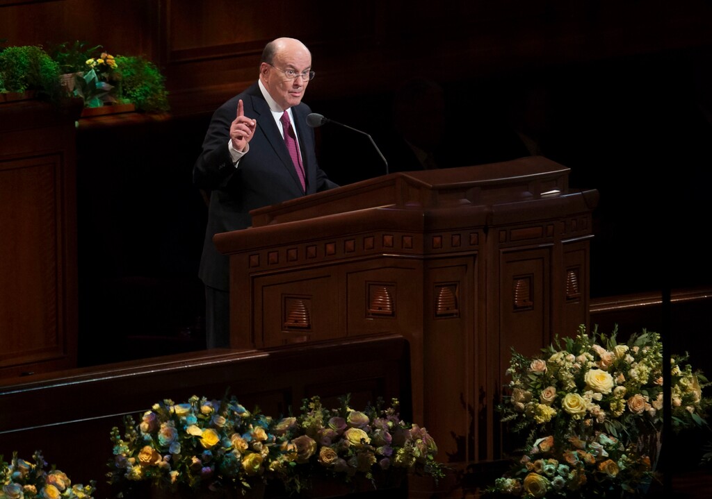 (Jeremy Harmon | The Salt Lake Tribune via AP) In this April 1, 2018 photo, Elder Quentin L. Cook speaks during the afternoon session of General Conference in Salt Lake City. The Mormon church faced more criticism Monday, April 2, about its approach to sexual abuse after Cook, praised the #MeToo movement but referred to sexual misconduct as "non-consensual immorality," a remark that some say could be interpreted as victim blaming.