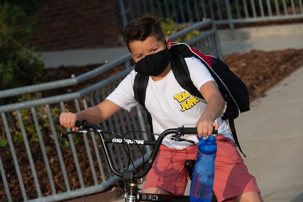 (Francisco Kjolseth | The Salt Lake Tribune) Jaden Jerez, 10, arrives for his first day of fifth grade at Canyon View Elementary on Monday, August 24, 2020. Traditional K-12 schools across the state saw sharp declines in enrollment this fall with the COVID-19 pandemic.