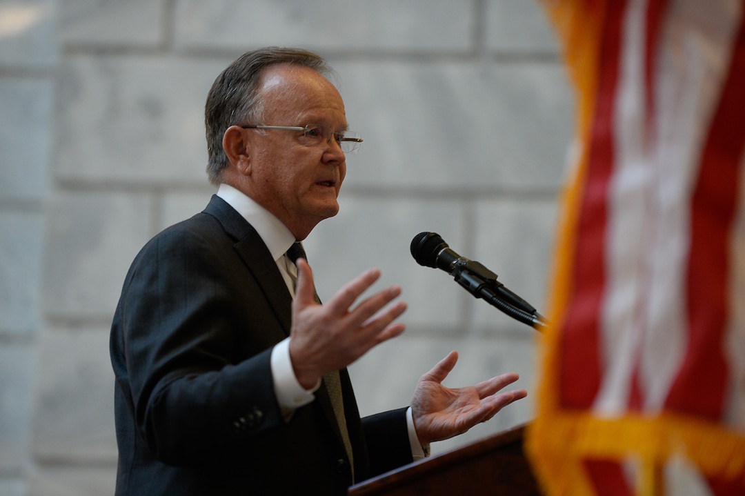 (Francisco Kjolseth  |  The Salt Lake Tribune)  Utah State Senate President Stuart Adams remarks that his father who served in the military would be 99-years-old if he were alive today during remarks for a veteran centenarian celebration honoring 99 and older military vets in Utah at the State Capitol Rotunda on Tuesday, Nov. 5, 2019.