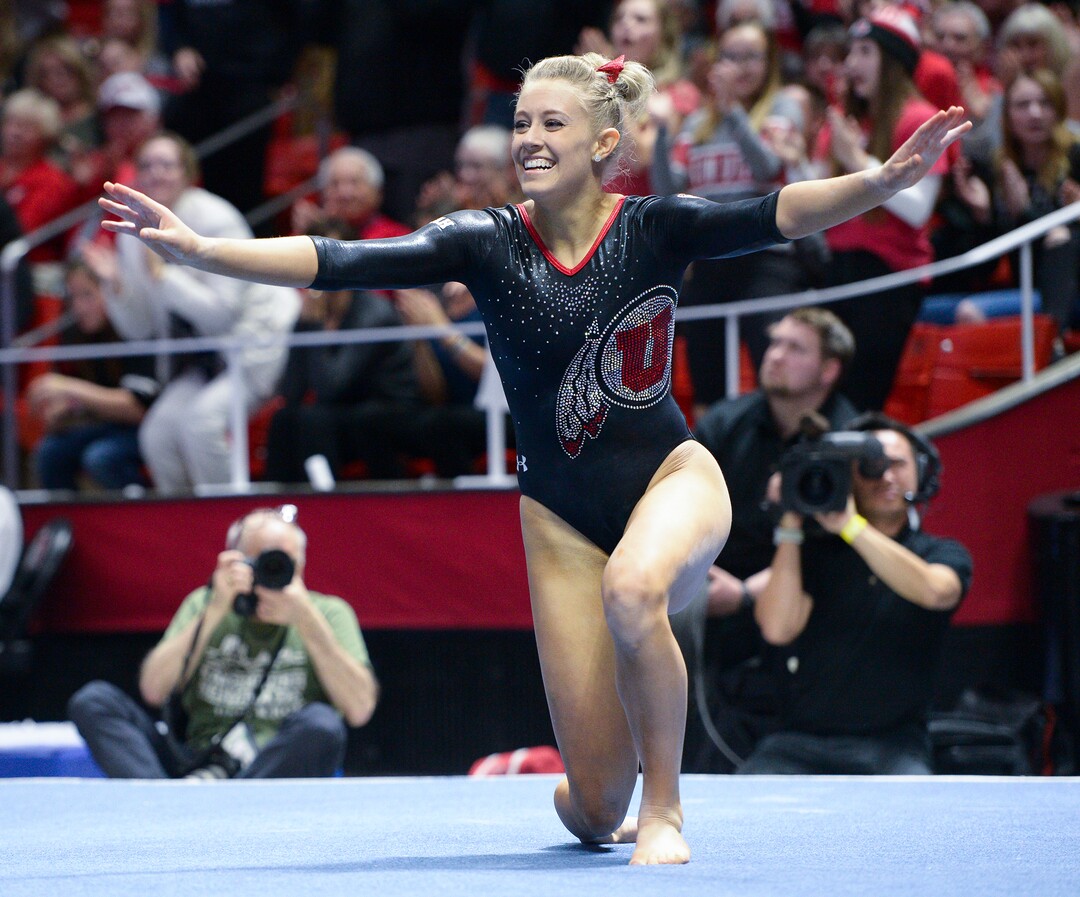 (Leah Hogsten  |  The Salt Lake Tribune) MaKenna Merrill-Giles received a 10 on her floor routine as the No. 4 Utah gymnasts host No. 20 Georgia in the final regular season meet at Jon M Huntsman Center in Salt Lake City Friday, March 16, 2018. 
