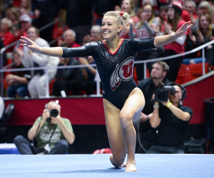 (Leah Hogsten  |  The Salt Lake Tribune) MaKenna Merrill-Giles received a 10 on her floor routine as the No. 4 Utah gymnasts host No. 20 Georgia in the final regular season meet at Jon M Huntsman Center in Salt Lake City Friday, March 16, 2018. 
